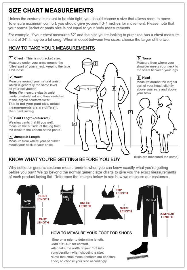 Spirit Halloween Costume Size Chart